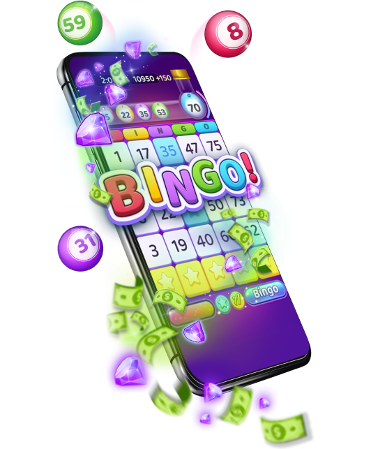 Mobile phone showing a screen from Bingo game - pool balls and money bills are flying around